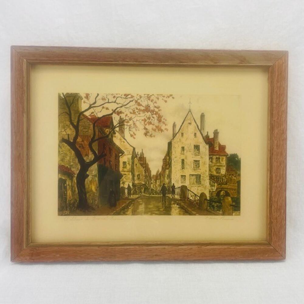 Vintage L. Henri Poissones " A Street In Grande France " Lithograph Print signed